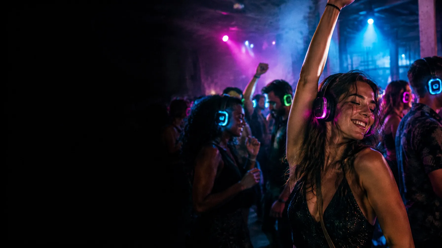 Crowd dancing at a neon silent disco